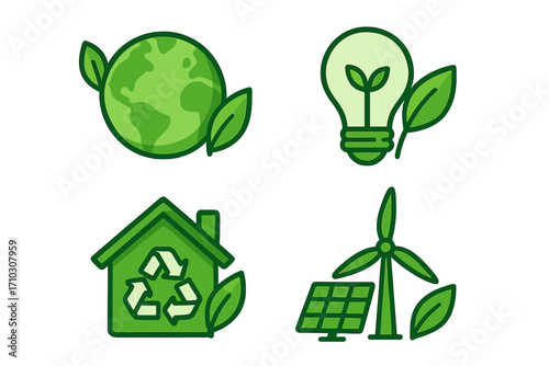 Green sustainability symbols set with renewable energy, eco-friendly technology, recycling home, solar panel, wind turbine, and environmental conservation icons in modern cartoon vector style