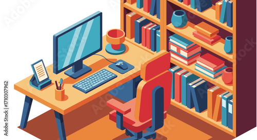 Isometric Home Office Setup with Desk, Computer, Chair, and Bookshelf.