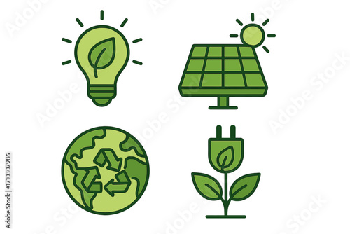 Sustainable energy icons green technology and renewable resources symbols with eco-friendly light bulb solar panel recycling earth and electric plant concept modern vector illustration set
