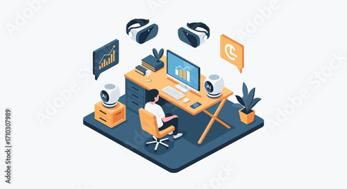 Isometric illustration of a person working in a futuristic virtual reality office.