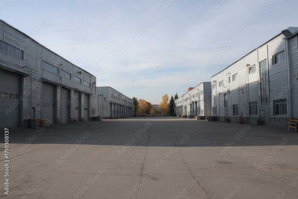 Fototapeta premium A wide view of an industrial area features several large storage buildings lined up on both sides. The clear blue sky suggests a sunny day, with a hint of autumn colors in the distance