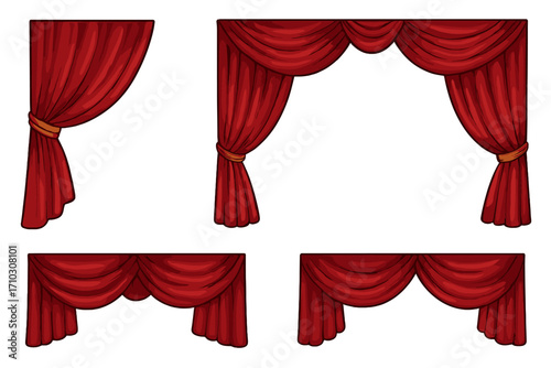 Realistic red theatre curtains vector set with decorative stage cloth, elegant draped curtains border design, cartoon style, transparent background, vintage theatrical decor