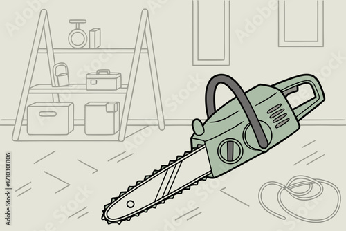 Green chainsaw with a coiled cord on a floor next to shelves
