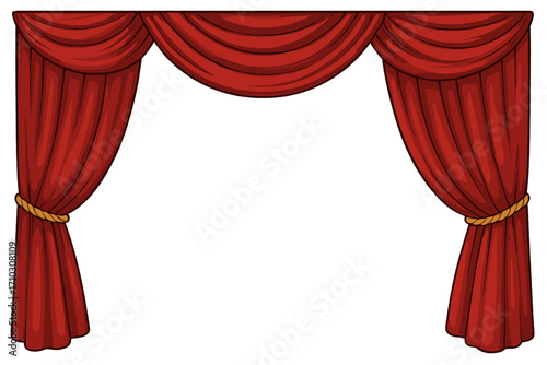 Red Theatre Curtains Border with Decorative Drapes and Golden Tiebacks, Realistic Vector Cartoon Illustration, Stage Curtain Frame with Transparent Background, Classic Stage Design