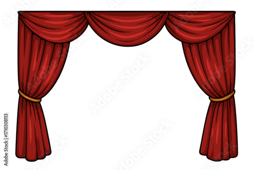 Red theatre curtains border decorative stage cloth draped fabric realistic style vector cartoon illustration transparent background classic theatrical design