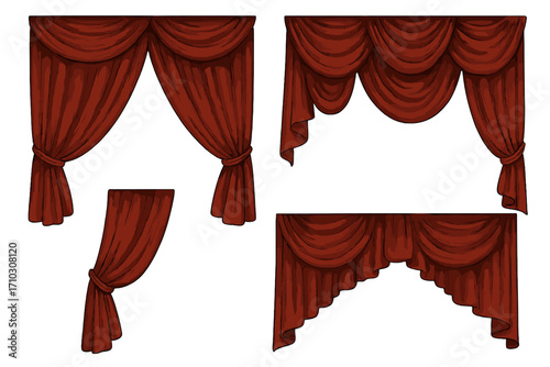 Red velvet theatre curtains set, opera stage drapes, realistic vector illustration with transparent background, elegant performance backdrop, classic stage decoration elements