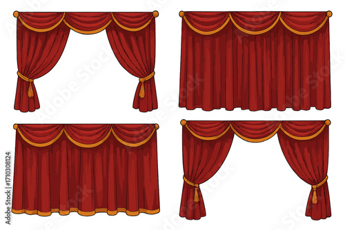 Red velvet theatre curtains with gold trim and tassels, opera stage drapes in realistic style, elegant vintage stage decoration, vector cartoon illustration set with transparent background