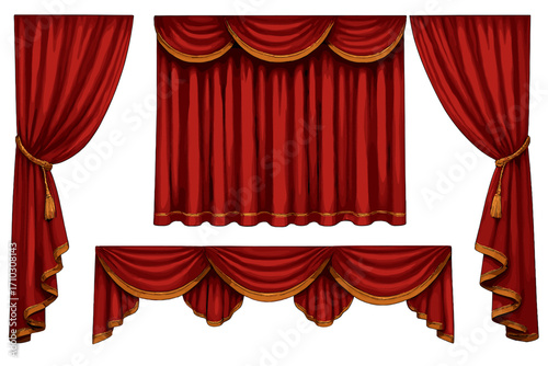 Realistic red velvet theatre curtains border set with gold trim, classic opera stage decoration, elegant theatrical drapes, vector cartoon illustration, transparent background