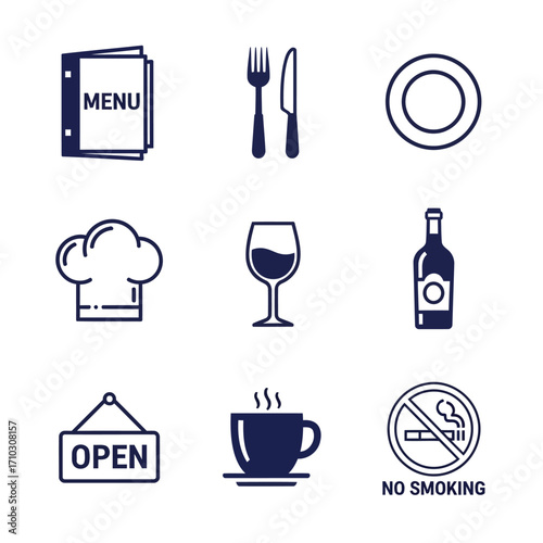 A collection of nine blue line icons representing various aspects of a restaurant, including menu, cutlery, chef's hat, drinks, and signs.