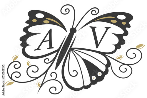 Elegant butterfly monogram with letters a and v and floral swirls