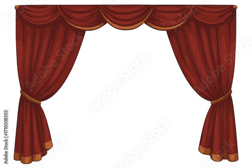 Red theatre curtains frame decorative stage cloth realistic style vector cartoon illustration elegant draped curtain set for performance backdrop transparent background