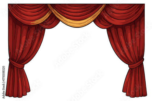 Realistic theatre curtains frame in rich red and golden colors, decorative stage cloth, elegant vector cartoon illustration with transparent background, classic theatrical drapes