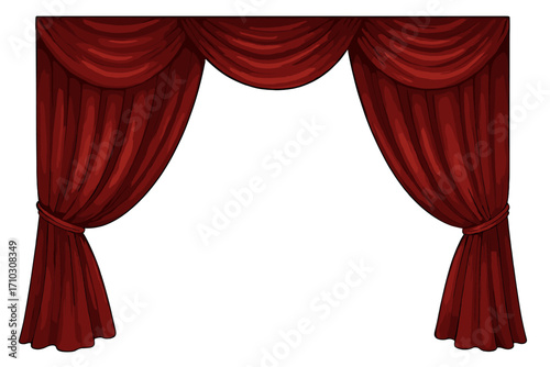 Realistic velvet theatre curtains frame, opera stage drapes, classic red velvety curtains with elegant folds, vector cartoon illustration, transparent background