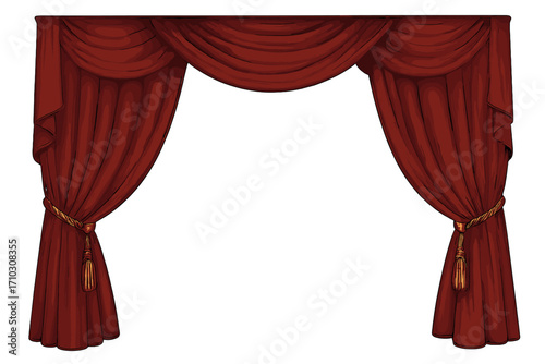 Realistic red theatre curtains frame with decorative draped stage cloth and golden tassel ties, elegant vector cartoon illustration, transparent background, classic stage decoration