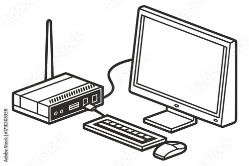 Computer setup with monitor keyboard mouse and router illustration