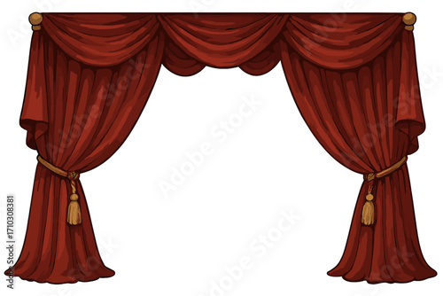 Realistic Theatre Red Velvet Curtains Frame with Gold Tassels, Opera Stage Drapes, Vintage Classic Theater Decoration, Elegant Vector Cartoon Illustration, Transparent Background