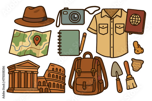 Travel essentials for exploring historical sites and cultural landmarks, including backpack, map, camera, field shirt, travel journal, archaeological tools, and iconic architecture vector illustration