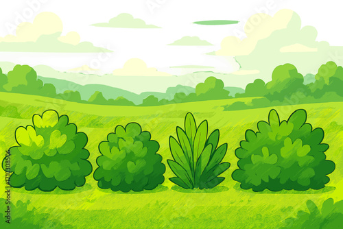 Various green bushes with different foliage styles in a vibrant natural landscape background during daytime, vector cartoon illustration, greenery, garden plants, outdoor nature