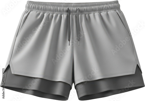 Light gray athletic shorts with double layer design isolated on transparent background