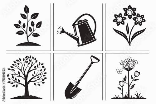 Gardening icons set featuring plants tools and flowers