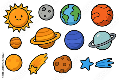 Colorful cartoon vector illustration of the solar system planets and celestial bodies, including sun, moon, stars, comets, and asteroids, educational space design with transparent background