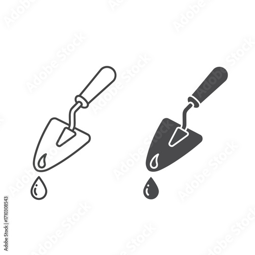 Two simple illustrations of a garden trowel with a drop of water falling from its blade, one in outline and the other filled.