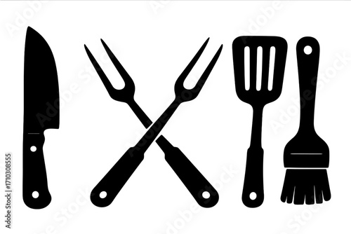Barbecue tools set silhouette. BBQ grill utensil icons. Crossed forks, knife, spatula, and basting brush. Vector graphic for grilling, outdoor cooking, and picnic themes.