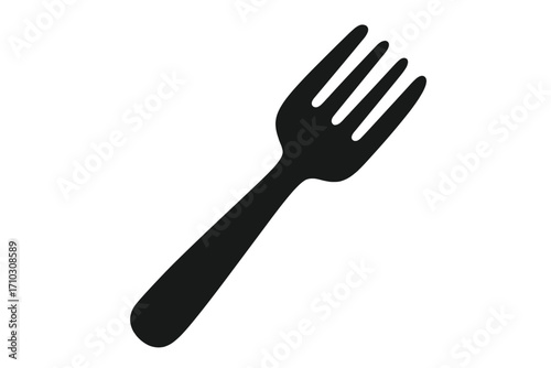 Fork silhouette vector icon. Simple black cutlery symbol for food, dining, and restaurant. Kitchen utensil illustration for eating. Flat tableware graphic element for menu design.