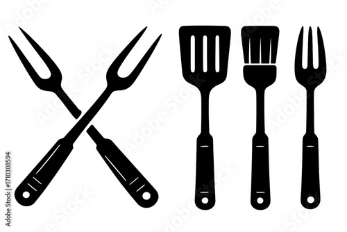 Barbecue tools silhouette icon set. BBQ grill utensils vector graphic. Crossed forks, spatula, brush for cooking meat. Summer picnic party food concept. Outdoor cooking.