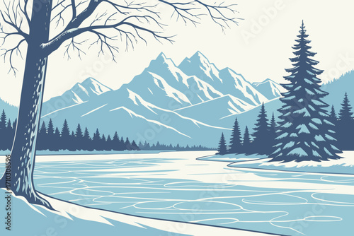 Serene winter landscape with snow capped mountains and frozen lake