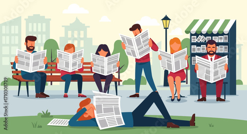 People Reading Newspapers in a Park.