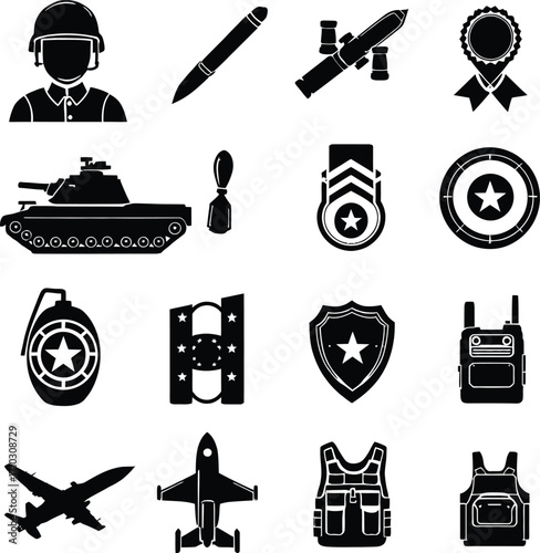Military Icon Set – Black Silhouettes of Soldiers, Missiles, Medals, Aircraft, Shields & Tactical Gear