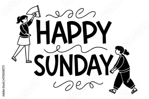 Happy sunday text with playful illustrations of people celebrating