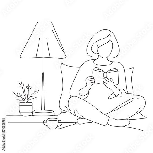 Minimalist Line Drawing of Woman Reading in Cozy Relaxed Setting
