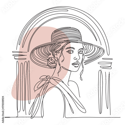 Elegant Line Art Portrait of Woman in Stylish Hat and Minimalist Design.Elegant woman in a wide brimmed hat framed by an archway