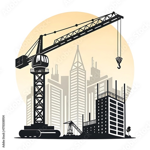 Construction site with tower crane and high rise buildings under development