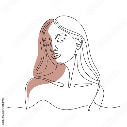 Minimalist continuous line drawing of a woman s face with subtle blush color accent