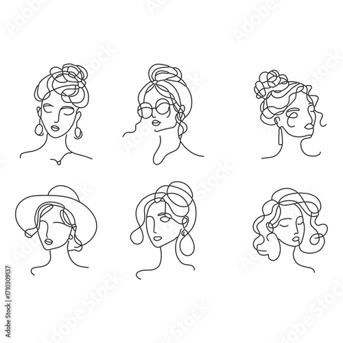 Collection of six hand drawn line art portraits of women with elegant hairstyles