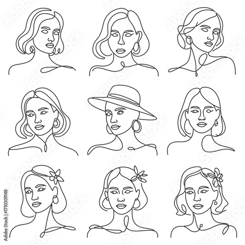 Collection of nine hand drawn line art portraits of women with different hairstyles