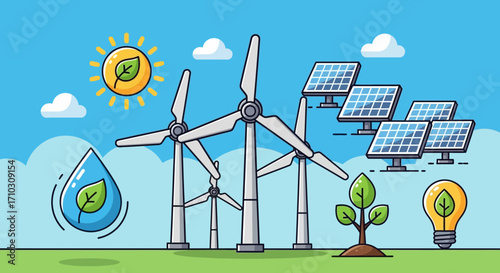 Renewable Energy Sources with Wind Turbines and Solar Panels.