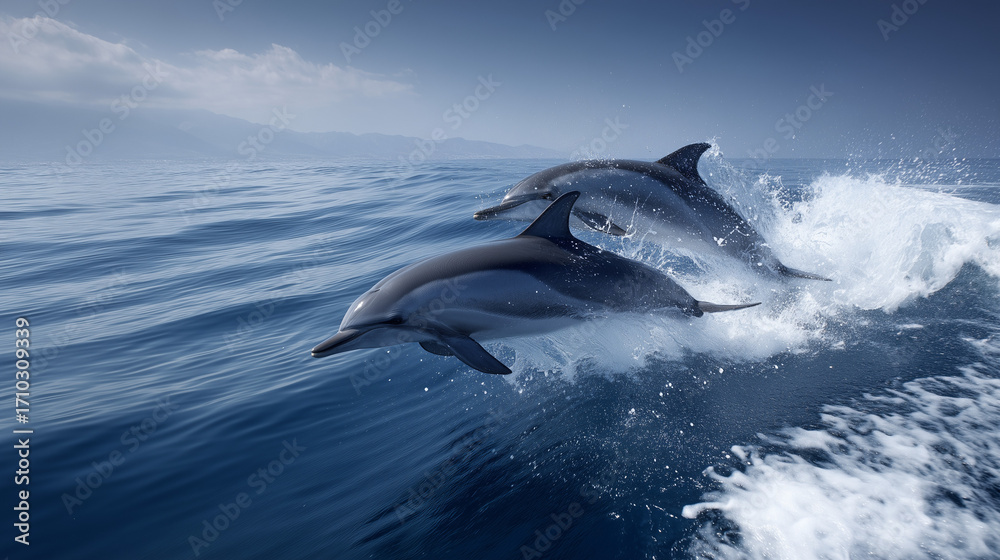 Fototapeta premium Playful Dolphins Jumping in Ocean Waves on World Dolphin Day