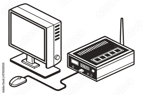 Computer monitor mouse and network router isometric illustration