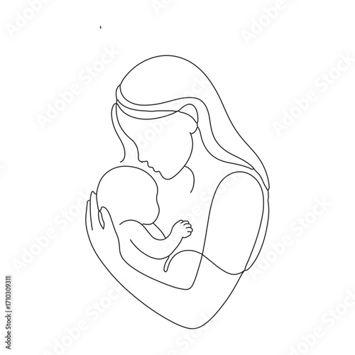Minimalist line art of mother holding newborn baby in embrace