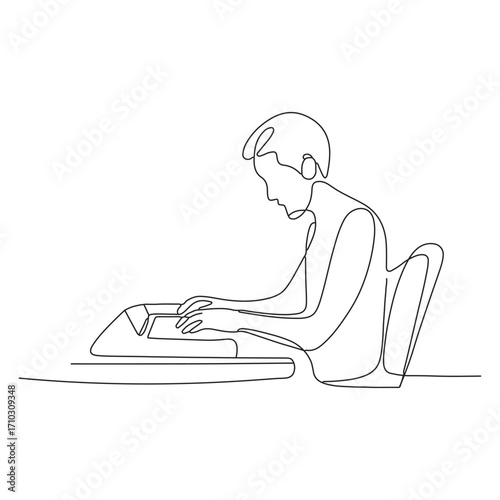 Sketch of a person sitting at a desk typing on a typewriter