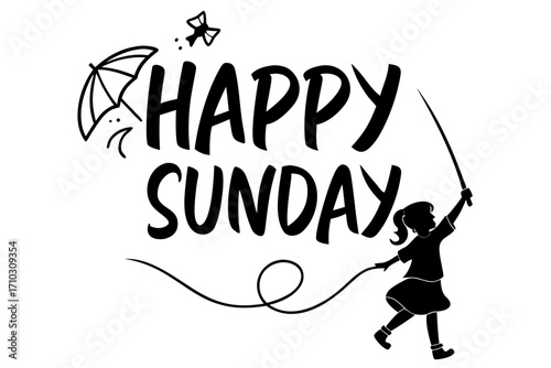 Happy sunday with a girl flying a kite and an umbrella