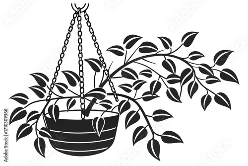Black and white illustration of a hanging plant with leaves and chain