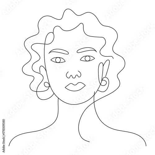 Minimalistic Line Art Portrait of a Woman with Curly Hair.Abstract continuous line drawing of a woman s face with wavy hair