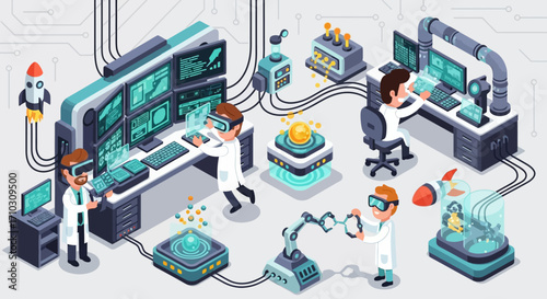 Scientists in a futuristic laboratory working with virtual reality and advanced technology.