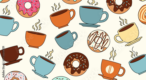 Seamless pattern of colorful hand drawn coffee cups and donuts.