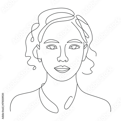 Minimalist line art portrait of a young woman with wavy hair